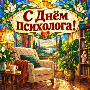 Открытка «С Днём психолога!» с кабинетом и креслом