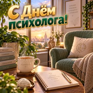 Открытка «С Днём психолога!» с креслом и чаем
