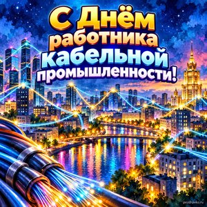 Открытка «С Днём работника кабельной промышленности!» с городом в огнях