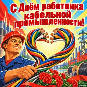Открытка «С Днём работника кабельной промышленности!» с сердцем из проводов
