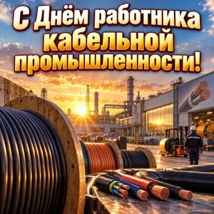 Открытка «С Днём работника кабельной промышленности!» с заводом на рассвете