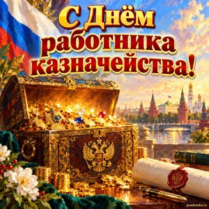 Открытка «С Днём работника казначейства!» с сундуком