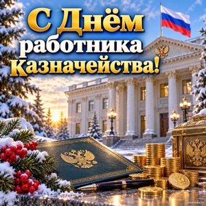 Открытка «С Днём работника казначейства!» со зданием с колоннами