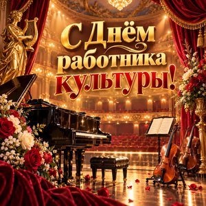 Открытка «С Днём работника культуры!» со сценой и роялем