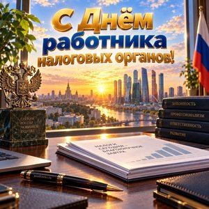 Открытка «С Днём работника налоговых органов!» с утренним городом