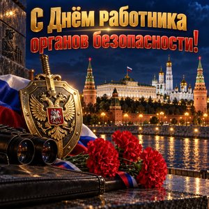 Открытка «С Днём работника органов безопасности!» с Кремлём и щитом