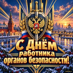 Открытка «С Днём работника органов безопасности!» со щитом над городом