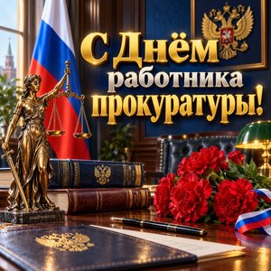 Открытка «С Днём работника прокуратуры!» с весами и флагом