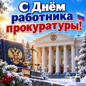 Открытка «С Днём работника прокуратуры!» со зданием в снегу