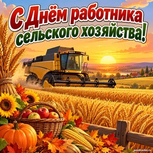 Открытка «С Днём работника сельского хозяйства!» с комбайном на закате при золотом солнечном свете