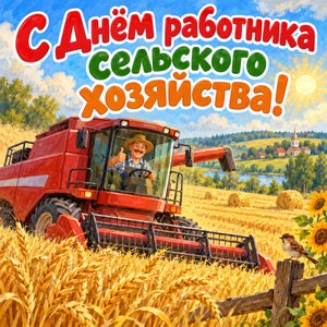 Открытка «С Днём работника сельского хозяйства!» с комбайном в поле