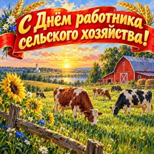 Открытка «С Днём работника сельского хозяйства!» с коровами у фермы