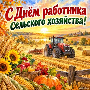 Открытка «С Днём работника сельского хозяйства!» с трактором в золотом поле при золотом солнечном свете