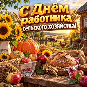 Открытка «С Днём работника сельского хозяйства!» с урожаем и караваем