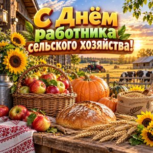 Открытка «С Днём работника сельского хозяйства!» с урожаем и караваем