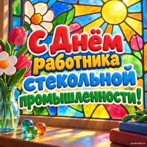 Открытка «С Днём работника стекольной промышленности!» с витражным окном