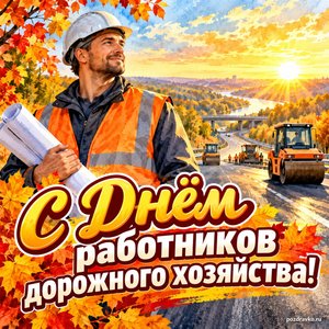 Открытка «С Днём работников дорожного хозяйства!» с дорожным инженером и каской при золотом солнечном свете