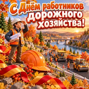 Открытка «С Днём работников дорожного хозяйства!» с дорожным инженером и каской с нарядными праздничными лентами
