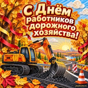 Открытка «С Днём работников дорожного хозяйства!» с экскаватором и золотыми деревьями с нарядными праздничными лентами