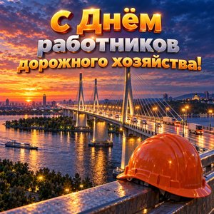 Открытка «С Днём работников дорожного хозяйства!» с мостом и каской