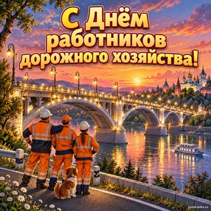 Открытка «С Днём работников дорожного хозяйства!» с мостом над рекой
