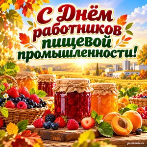 Открытка «С Днём работников пищевой промышленности!» с баночками варенья и ягодами при золотом солнечном свете