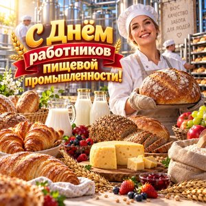 Открытка «С Днём работников пищевой промышленности!» с хлебом и молоком