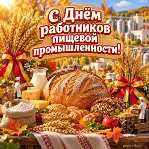 Открытка «С Днём работников пищевой промышленности!» с хлебом и колосьями с нарядными праздничными лентами