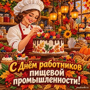 Открытка «С Днём работников пищевой промышленности!» с кондитером и ярким тортом в сиянии уютных фонариков