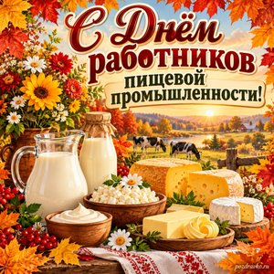 Открытка «С Днём работников пищевой промышленности!» с молочными продуктами и цветами в рамке из кленовых листьев