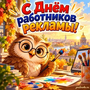 Открытка «С Днём работников рекламы!» с доброй совой и кистями при золотом солнечном свете