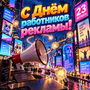 Открытка «С Днём работников рекламы!» с неоновыми рекламами