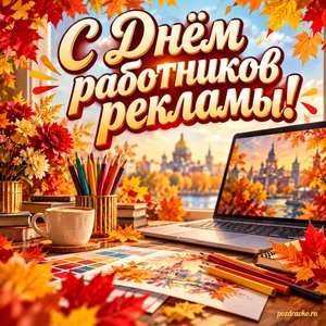 Открытка «С Днём работников рекламы!» с ноутбуком и цветными карандашами в рамке из кленовых листьев