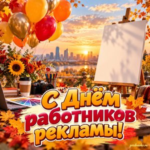 Открытка «С Днём работников рекламы!» с воздушными шарами и плакатом без текста на фоне мягких осенних облаков