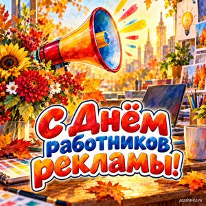 Открытка «С Днём работников рекламы!» с ярким мегафоном и цветами при золотом солнечном свете