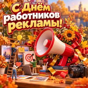 Открытка «С Днём работников рекламы!» с ярким мегафоном и цветами с нарядными праздничными лентами