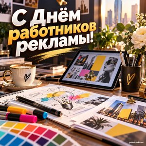 Открытка «С Днём работников рекламы!» со столом дизайнера