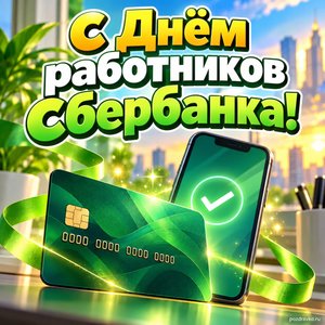 Открытка «С Днём работников Сбербанка!» с картой и смартфоном