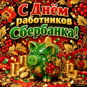 Открытка «С Днём работников Сбербанка!» с зелёной копилкой