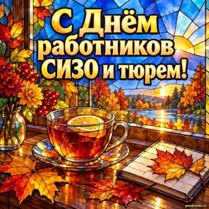 Открытка «С Днём работников СИЗО и тюрем!» с чаем и листьями