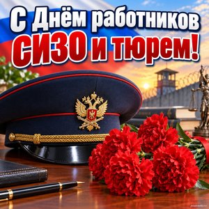 Открытка «С Днём работников СИЗО и тюрем!» с фуражкой и гвоздиками