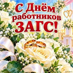 Открытка «С Днём работников ЗАГС!» с кольцами и розами