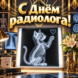 Открытка «С Днём радиолога!» с рентгеном котика