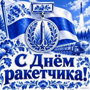 Открытка «С Днём ракетчика!» с медалью и флагом