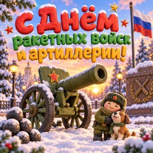 Открытка «С Днём ракетных войск и артиллерии!» с пушкой в парке