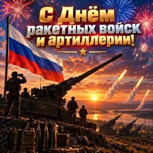 Открытка «С Днём ракетных войск и артиллерии!» с салютом на закате