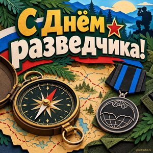 Открытка «С Днём разведчика!» с компасом и медалью