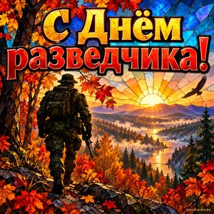 Открытка «С Днём разведчика!» с разведчиком в лесу