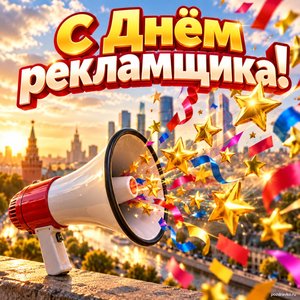 Открытка «С Днём рекламщика!» с рупором и конфетти