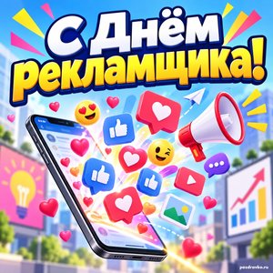 Открытка «С Днём рекламщика!» со смартфоном и лайками